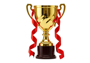 Golden trophy cup with red ribbon isolated PNG, award prize for winner and champion on transparent background