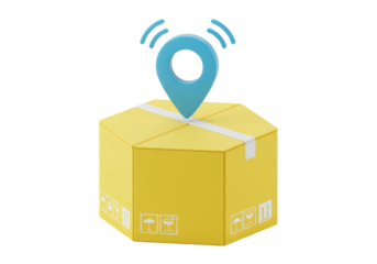 Yellow cardboard box with blue location pin PNG isolated on transparent background, delivery tracking concept for e-commerce and logistics