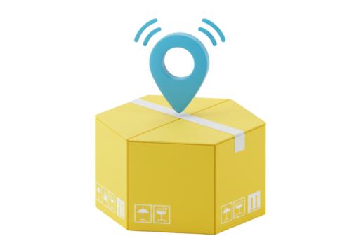 Yellow cardboard box with blue location pin PNG isolated on transparent background, delivery tracking concept for e-commerce and logistics