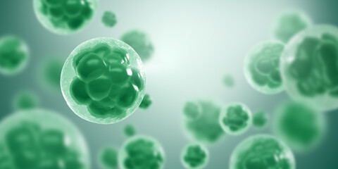 Stem cell, Biotechnology under microscope with depth, Health care medical background, 3d rendering