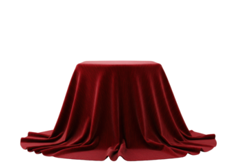 Elegant burgundy velvet cloth draped over a display stand isolated PNG, luxurious fabric for product presentation on transparent background