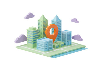 Isometric city with buildings and location pin PNG isolated on transparent background, urban planning and navigation concept