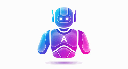 Gradient Colorful AI Robot Icon with Glowing Eyes and A Symbol.