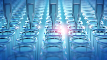 Drop of liquid sample into a row of test tubes in laboratory, Medicine and science concept, 3D rendering