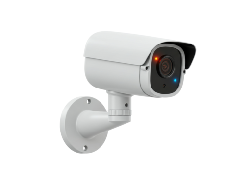 Modern white security camera isolated PNG, surveillance system for home safety and crime prevention on transparent background