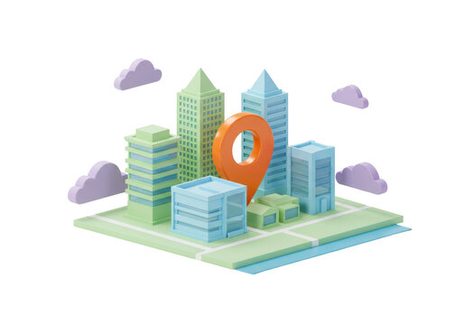 Isometric city with buildings and location pin PNG isolated on transparent background, urban planning and navigation concept