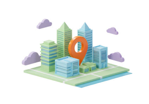 Isometric city with buildings and location pin PNG isolated on transparent background, urban planning and navigation concept