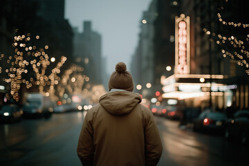 Obraz premium Young man in winter coat stands on urban street with festive lights at dusk