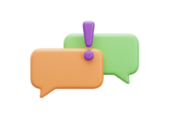 Two speech bubbles with exclamation mark isolated PNG, communication and notification concept on transparent background
