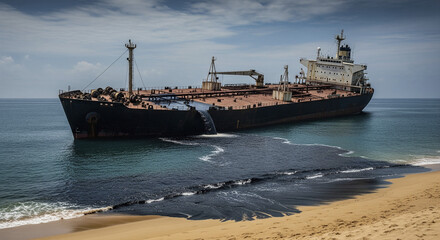 An environmental disaster at sea, an oil tanker crashes and spills onto a sandy beach.