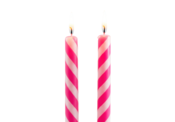 Two pink striped birthday candles isolated PNG on transparent background, festive celebration decoration for party and holiday
