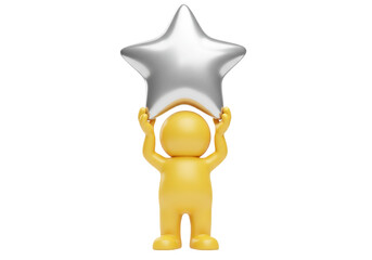 Yellow 3D figure holding a silver star isolated PNG on transparent background, concept of success and achievement