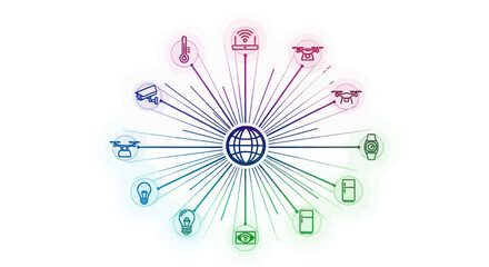 Global Internet of Things IoT network connecting various smart devices.