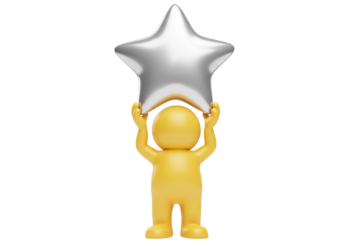 Yellow 3D figure holding a silver star isolated PNG on transparent background, concept of success and achievement