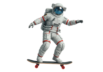 Astronaut in spacesuit skateboarding isolated PNG, futuristic spaceman riding skateboard on transparent background, space exploration concept