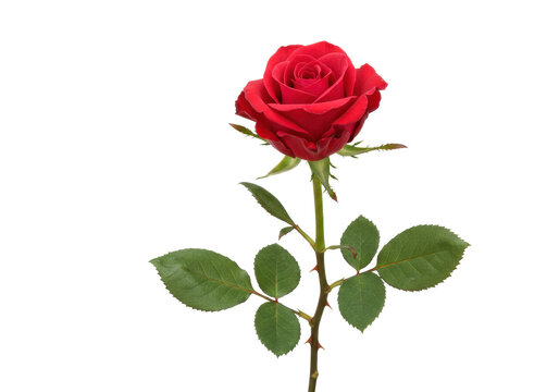 Beautiful red rose isolated PNG on transparent background, romantic flower with green leaves for Valentine s Day and wedding designs - Powered by Adobe