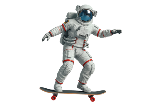 Astronaut in spacesuit skateboarding isolated PNG, futuristic spaceman riding skateboard on transparent background, space exploration concept