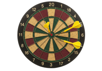 Isolated dartboard with yellow darts, representing precision and achievement in sports