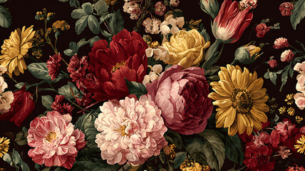 Dark Floral Arrangement with Burgundy, Red, Pink, and Yellow Flowers, Vintage Style Bouquet, Garden Flowers