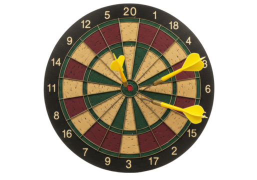 Isolated dartboard with yellow darts, representing precision and achievement in sports