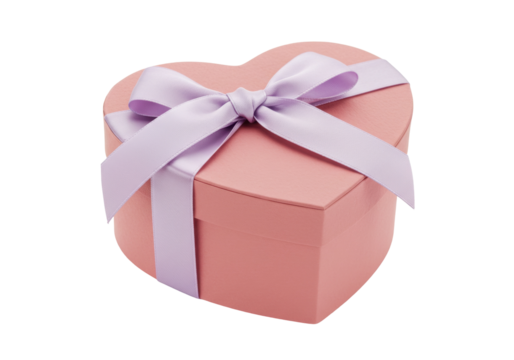 Heart-shaped pink gift box with lilac ribbon isolated on transparent background, present for Valentine s Day or birthday PNG