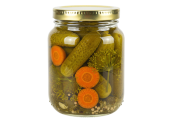 Pickled cucumbers and carrots in a glass jar isolated PNG, homemade fermented vegetables for healthy eating on transparent background