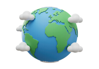 Cartoon Earth globe with clouds isolated PNG, 3D rendering of world map with continents and oceans for geography and environmental concepts
