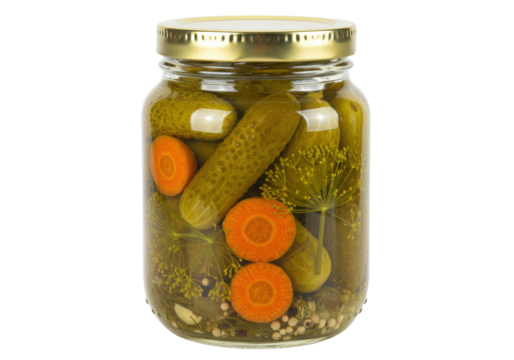 Pickled cucumbers and carrots in a glass jar isolated PNG, homemade fermented vegetables for healthy eating on transparent background