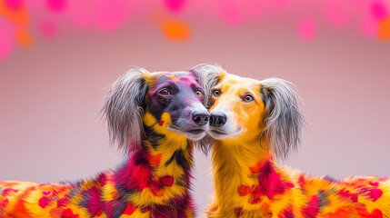 Fototapeta na wymiar Two loving dogs in their unique fashion style, ready for Valentine’s Day, their bodies covered in colorful hearts. Fototapeta na wymiar Two loving dogs in their unique fashion style, ready for Valentine’s Day, their bodies covered in colorful hearts.