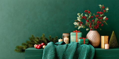 Festive christmas table mockup with blank space for text, celebration composition with bright magic decorations, natural trees brunches, berries and gift boxes, golden candles on dark green background