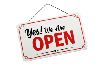 Open sign PNG isolated on transparent background, red and black business shop door signage for retail store and service