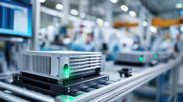 Battery pack chassis on AGV automated guided vehicle platform green indicator lights visible factory transport system EV component logistics robotic production line