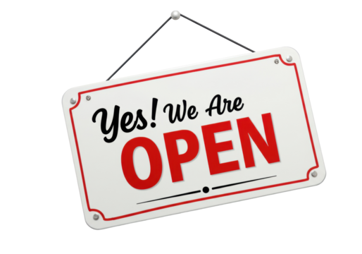 Open sign PNG isolated on transparent background, red and black business shop door signage for retail store and service