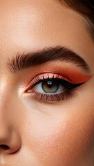 Obraz premium Eye makeup close up with orange eyeshadow and black eyeliner on a fair skinned woman face