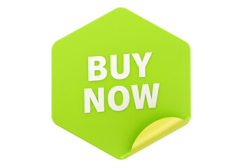 Green hexagon sticker with Buy Now text isolated PNG on transparent background, promotional badge for online shopping and e-commerce