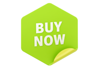 Green hexagon sticker with Buy Now text isolated PNG on transparent background, promotional badge for online shopping and e-commerce