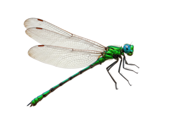 Vibrant green emerald dragonfly PNG isolated on transparent background, damselfly insect with iridescent wings for nature and wildlife designs