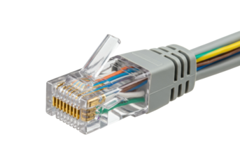 Gray RJ45 connector isolated PNG on transparent background, network cable plug for ethernet connection and data transmission