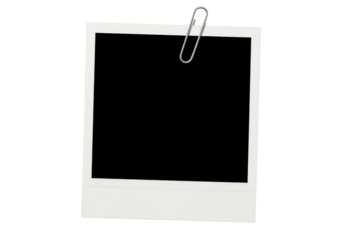 Blank instant photo frame with paper clip isolated PNG, retro style picture template for memories and design use on transparent background