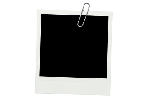 Blank instant photo frame with paper clip isolated PNG, retro style picture template for memories and design use on transparent background
