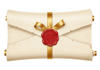 Old paper scroll with red wax seal and golden ribbon isolated PNG, vintage letter for secret message or antique document on transparent background