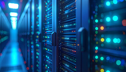 Server Room Serenity: A technologically advanced server room glows with the hum of data processing, showcasing rows of servers. The luminous environment creates a tranquil and futuristic atmosphere