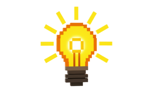 Pixel art light bulb PNG isolated on transparent background, retro 8-bit style idea concept for graphic design and creative projects