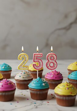 Birthday Cupcakes with Candles Number 258 Celebration.