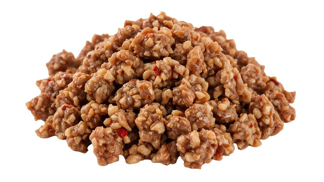 Chopped cooked beef mince with red pepper and seasoning on the transparent background for culinary and recipe use