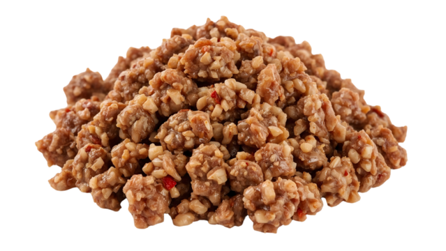 Chopped cooked beef mince with red pepper and seasoning on the transparent background for culinary and recipe use