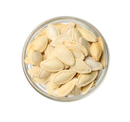 Pumpkin seeds in bowl isolated on white, top view
