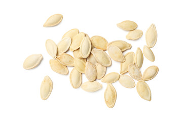 Pile of pumpkin seeds isolated on white, top view