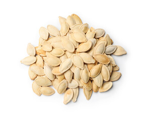 Pile of pumpkin seeds isolated on white, top view