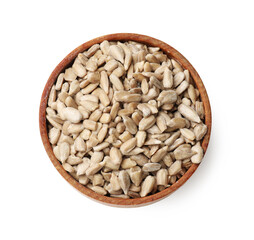 Sunflower seeds in bowl isolated on white, top view